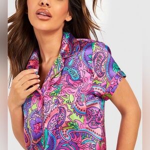 BeDiva Pink Multi-coloured 70's inspired silky satiny Button Down Dress size M